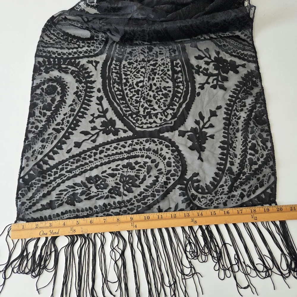 NWT Style & Co Burnout Chiffon Sheer Paisley Floral Fringed Black Scarf 20×73 In